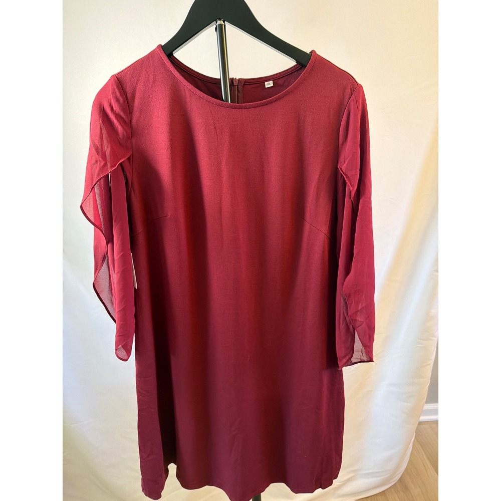 Burgundy Shift Dress with Split Chiffon Sleeves Wine Red XL